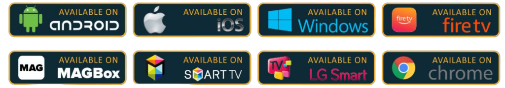 Multi-device compatibility chart showing IPTV Smarters Pro working on phones, tablets, TVs, streaming devices, and laptops
